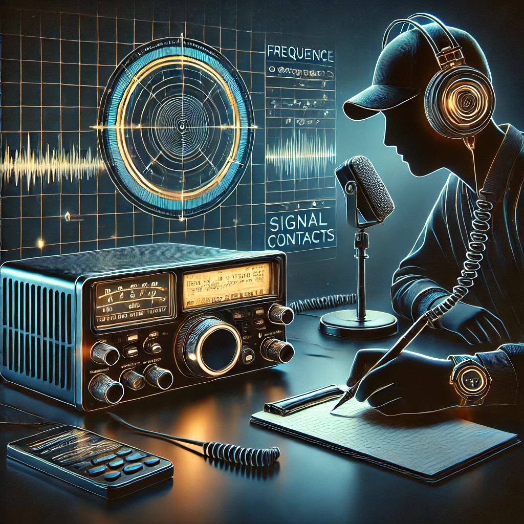 Dall·e 2025 03 28 10.04.02 a dark modern themed digital illustration representing amateur radio etiquette. the image features a sleek radio transceiver with glowing frequency i